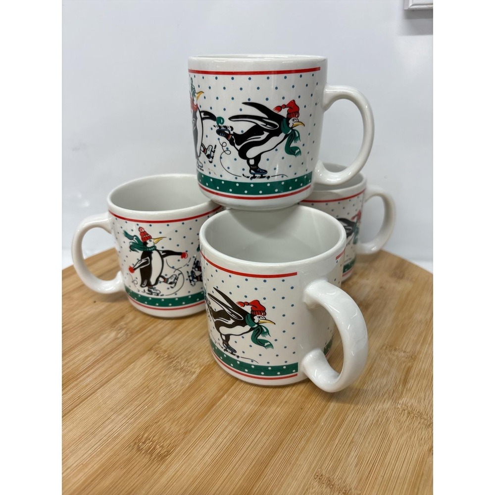 Vintage Penguin Skating Mugs by Lord & Taylor – Set of 4, Model 828A, Excellent